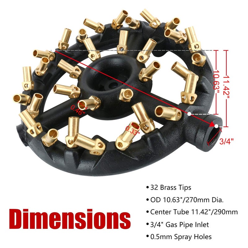 Homend Propane Gas Jet Burner For Chinese Wok Range, Grilling, Stir Fry - Cast Iron Body Round Nozzle Jet Burner with 32 Brass Tips - Up 160,000 BTU (Propane Gas, 32 Tips, 0.5mm Hole) - Image 2